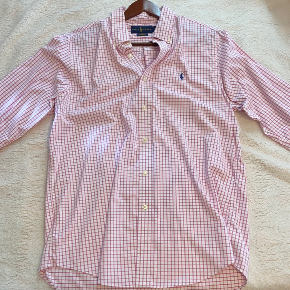 Polo Ralph Lauren. Long sleeve pink and white button up collared shirt!